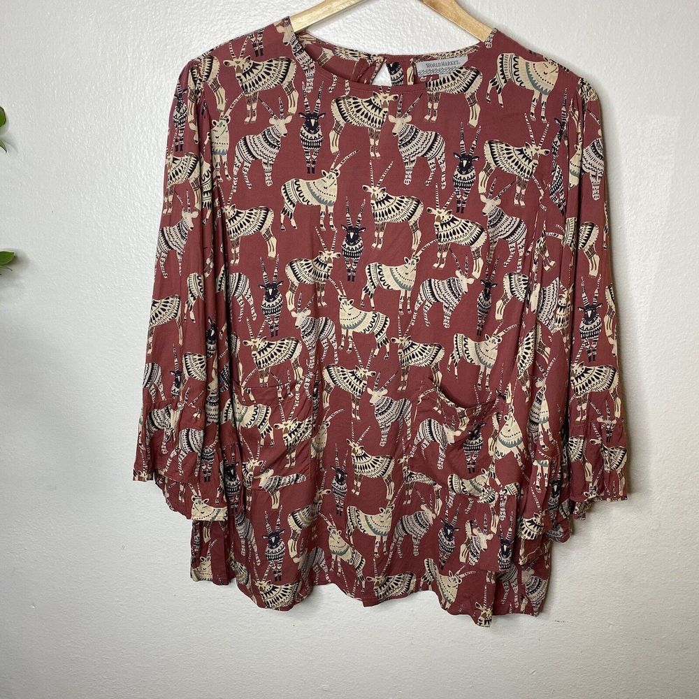 World Market Antelope Blouse Top Flare Sleeves Boho Modal Front Pockets Large/XL